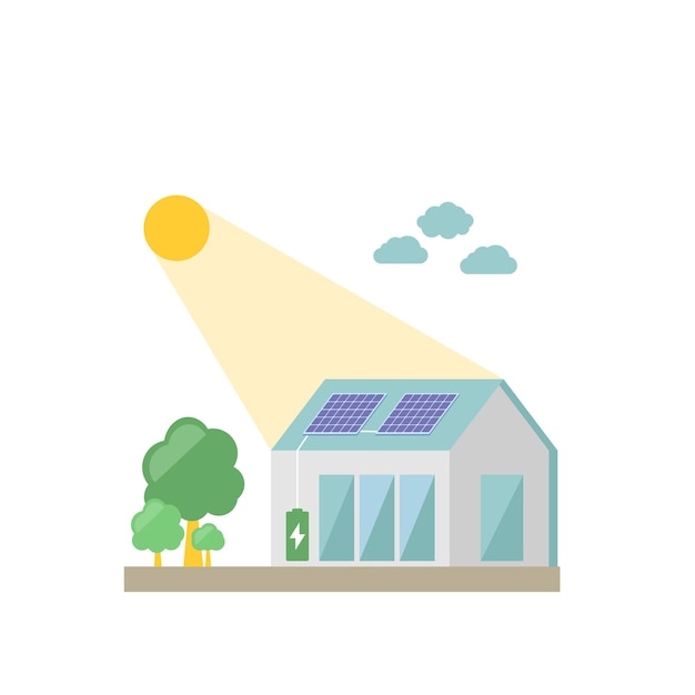 Illustration vectorielle d'une maison conceptuelle d'efficacité énergétique avec des panneaux solaires de style plat.