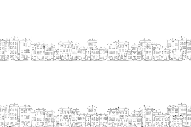 Illustration vectorielle de maison doodle pattern village Texture transparente dans les couleurs noir et blancs