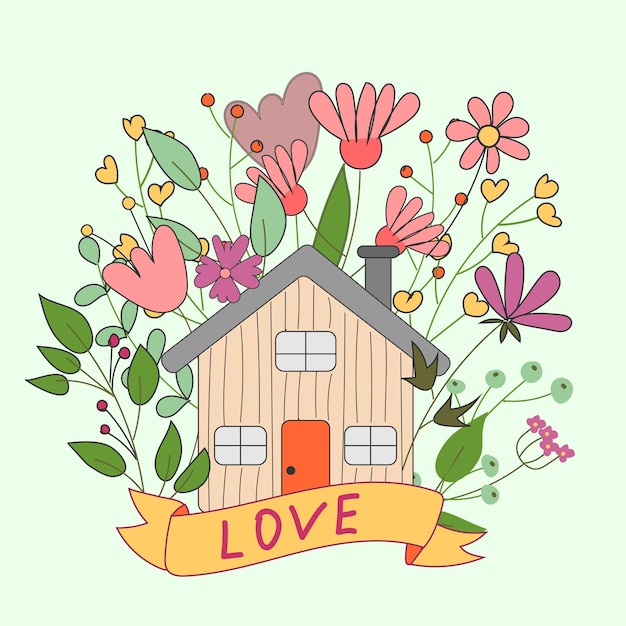 Vecteur illustration vectorielle avec une maison et des fleurs avec un ruban avec l'inscription love