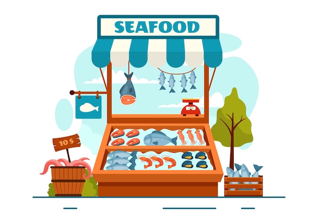 Vecteur illustration vectorielle de marché de fruits de mer avec des produits de poisson frais tels que le poulpe ou le homard