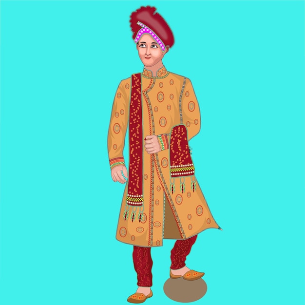 Vecteur illustration vectorielle de mariage indien hommes sherwani dessin animé