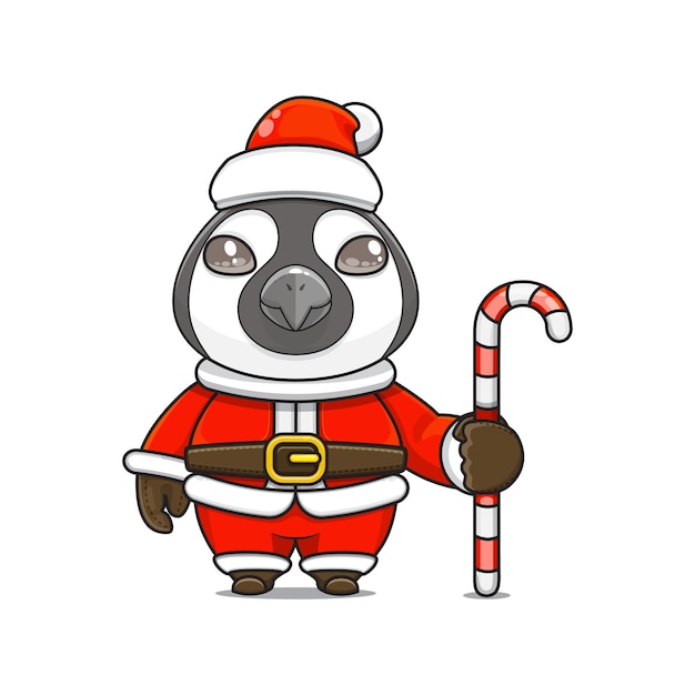 Illustration Vectorielle De Mascotte D'oiseau Monstre Mignon Portant Un Costume De Père Noël Tenant Une Canne En Bonbon