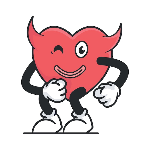 Illustration Vectorielle De Mascotte Rétro Coeur Mignon Avec Grimace Personnage De Dessin Animé De Style Vintage Pour Cartes Et Cadeaux De Saint Valentin