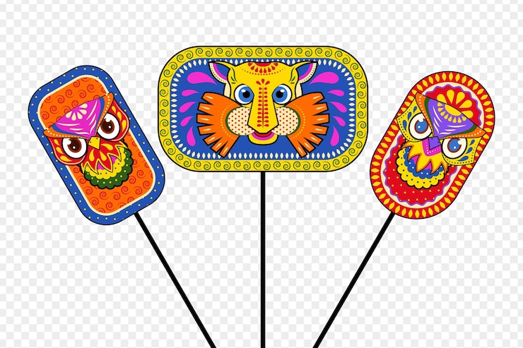 Vecteur illustration vectorielle des masques du nouvel an bengali au motif de hibou et de tigre sur un fond transparent