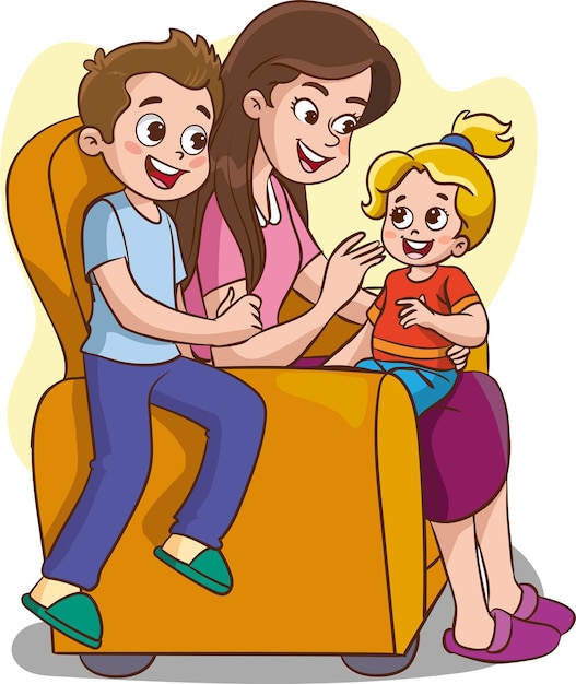 Vecteur illustration vectorielle d'une mère et des enfants assis sur un canapé dans le salon