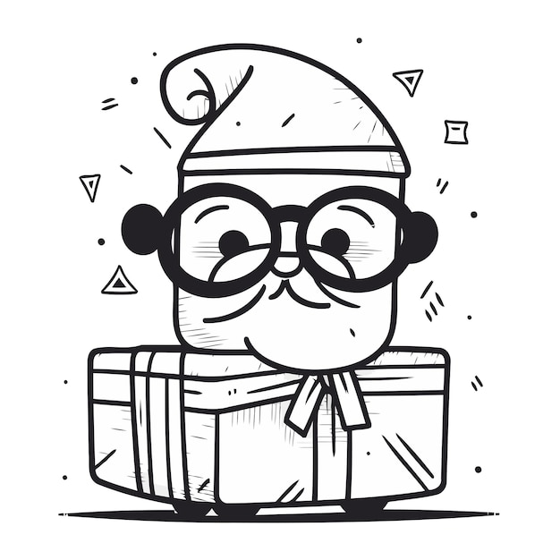 Vecteur illustration vectorielle d'un mignon chat kawaii dans un chapeau de père noël et des lunettes