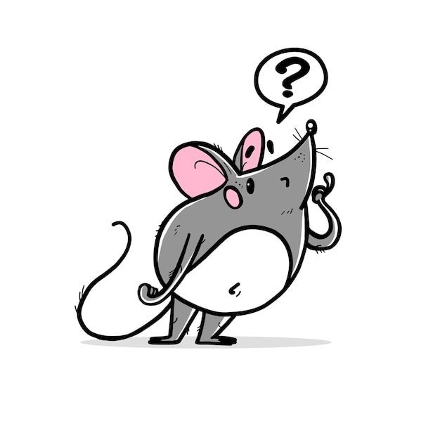 Illustration vectorielle de mignon personnage de souris grise dessiné à la main se demandant debout isolé sur fond blanc mascotte de l'année 2020 Pour les impressions cartes enfant conception bannières autocollants etc.