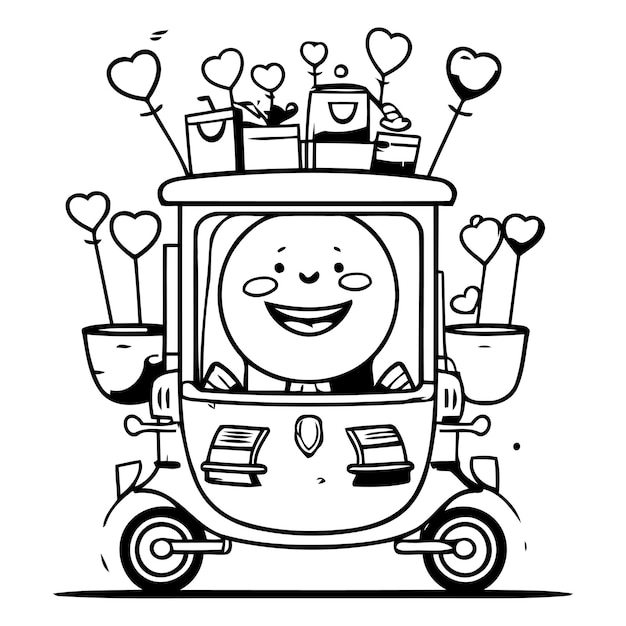 Illustration Vectorielle D'un Mignon Robot De Dessin Animé Avec Des Cadeaux Sur Les Roues