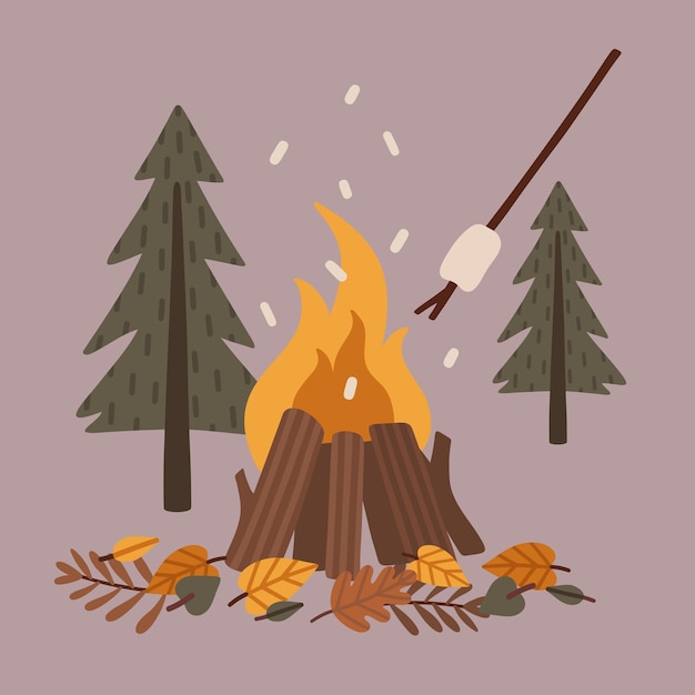 Illustration vectorielle mignonne avec feu de camp, guimauve et feuilles de forêt