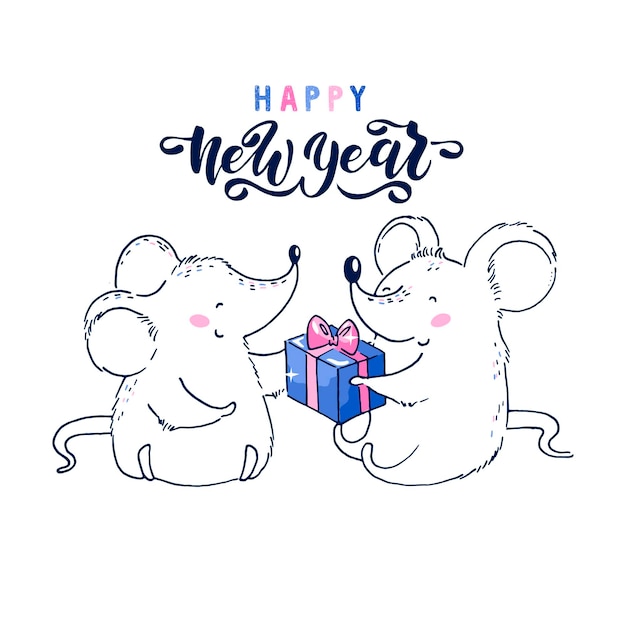 Illustration Vectorielle De Mignonne Petite Souris Avec Un Cadeau Du Nouvel An. Caractères. Carte Postale.