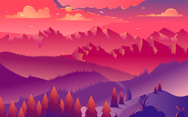 Illustration Vectorielle De Montagnes Coucher De Soleil Minimaliste