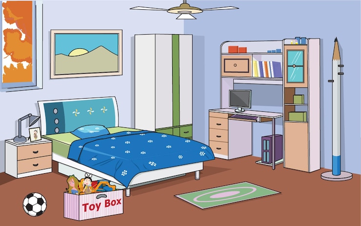 Vecteur illustration vectorielle montrant lit, jouets, almirah, ventilateur, etc.