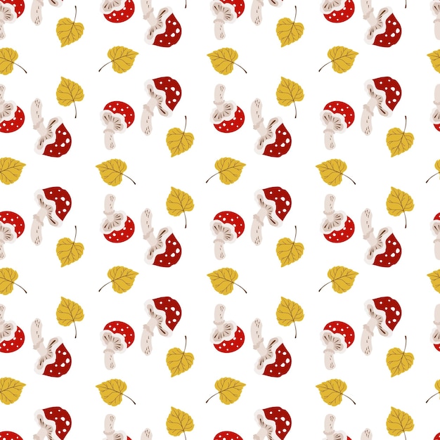 Illustration Vectorielle, Motif, Champignon Amanite Dans Un Chapeau Rouge, Feuille Sur Fond Blanc.