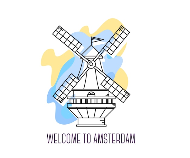 Vecteur illustration vectorielle de moulin à vent aux pays-bas. point de repère d'amsterdam. symbole de la hollande. visite de l'europe.