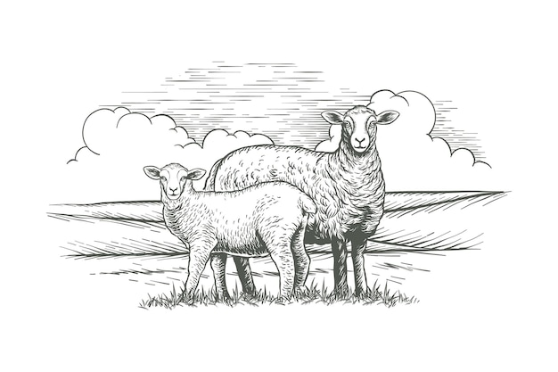 Illustration Vectorielle De Moutons Dessinée à La Main Dessin D'animal De Ferme Dans Le Style D'esquisse Mère Mouton Et Son Enfant