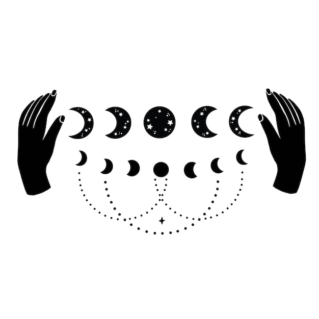 Illustration Vectorielle De Mudra Mystique Mains Symboles Célestes De La Lune Et Des étoilesesoteric Spiritual