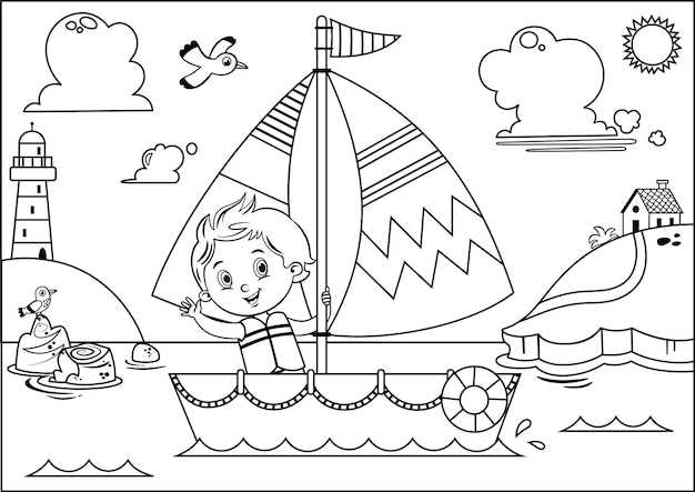 Illustration Vectorielle Noir Et Blanc D'une Aventure De Voile Pour Garçons