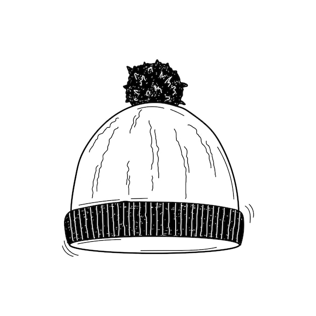 Illustration Vectorielle Noir Et Blanc D'un Bonnet Tricoté Avec Pompon Dans Un Style De Croquis Isolé Sur Fond Blanc