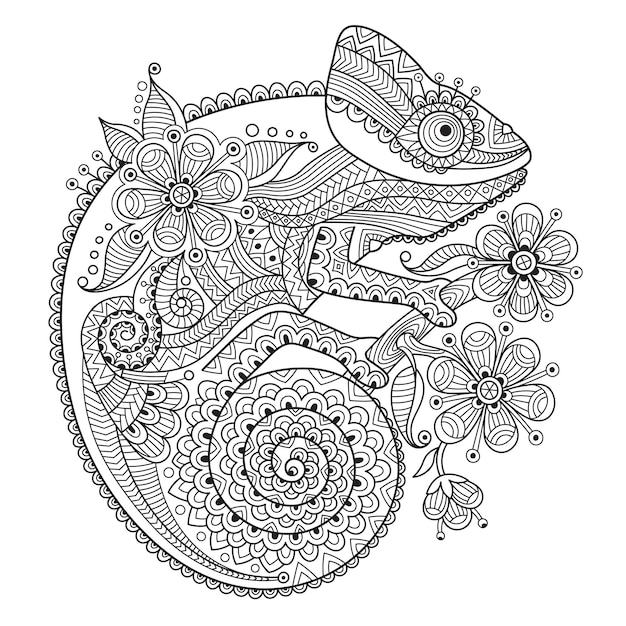 Illustration vectorielle noir et blanc avec un caméléon à motifs ethniques