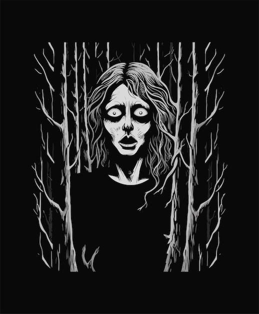 illustration vectorielle noir et blanc femme dans la conception d'Halloween de la forêt effrayante