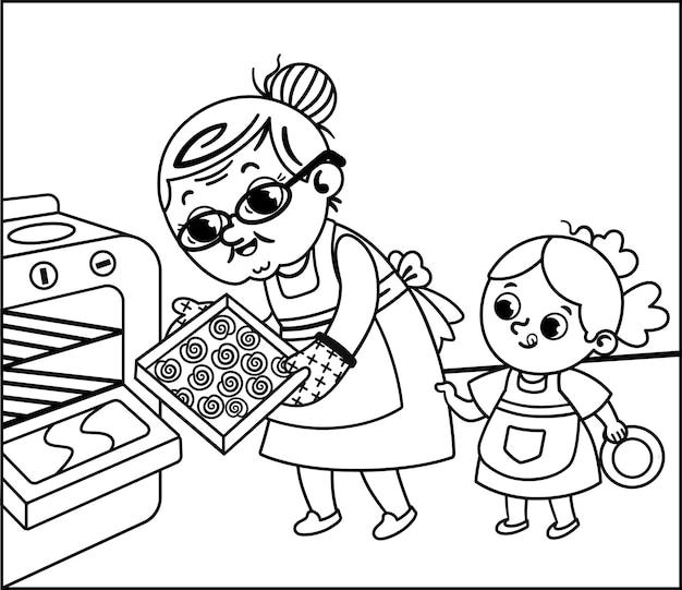 Illustration vectorielle noir et blanc de la grand-mère et de la petite-fille préparant des biscuits dans la cuisine