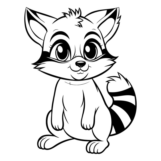 Vecteur illustration vectorielle en noir et blanc d'un raccoon de dessin animé mignon