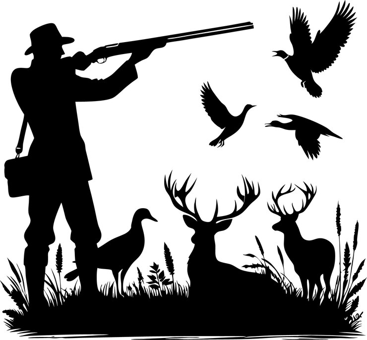 Vecteur illustration vectorielle en noir et blanc de la silhouette de chasse sur un fond blanc isolé