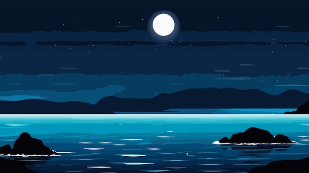 Vecteur illustration vectorielle de la nuit au clair de lune sur l'eau 2d