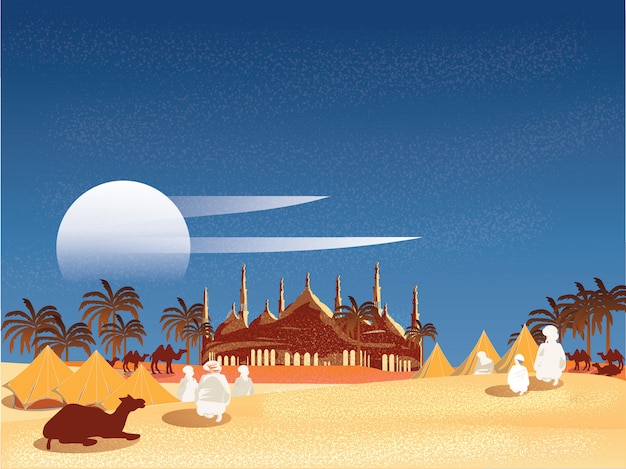 Illustration Vectorielle D'oasis Dans Le Désert D'arabie. Bédouins Ou Voyageurs Islamiques En Egypte