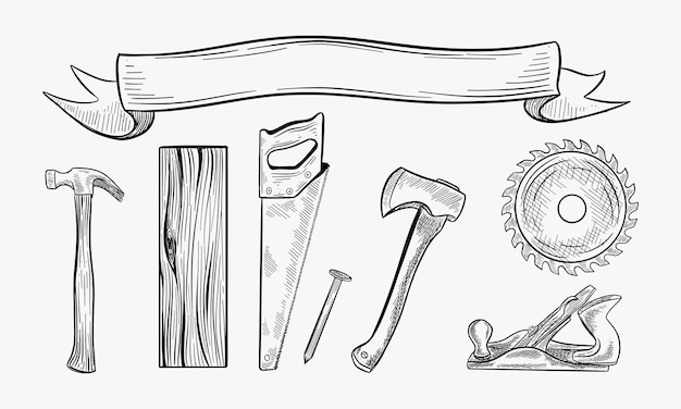 Vecteur illustration vectorielle d'un objet de boisage réglé à la main scie à lame circulaire planche en bois planche d'arbre section transversale outil de planer marteau hache clou outils de menuiserie dessinés à la main style de gravure vintage