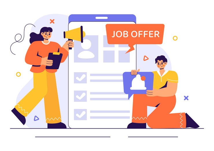 Vecteur illustration vectorielle de l'offre d'emploi mettant en vedette un processus de recrutement d'homme d'affaires, des opportunités de carrière et une vacance d'entreprise dans un contexte de style plat
