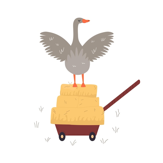 Vecteur illustration vectorielle d'une oie mignonne sur un camion à roues conception d'animaux de ferme