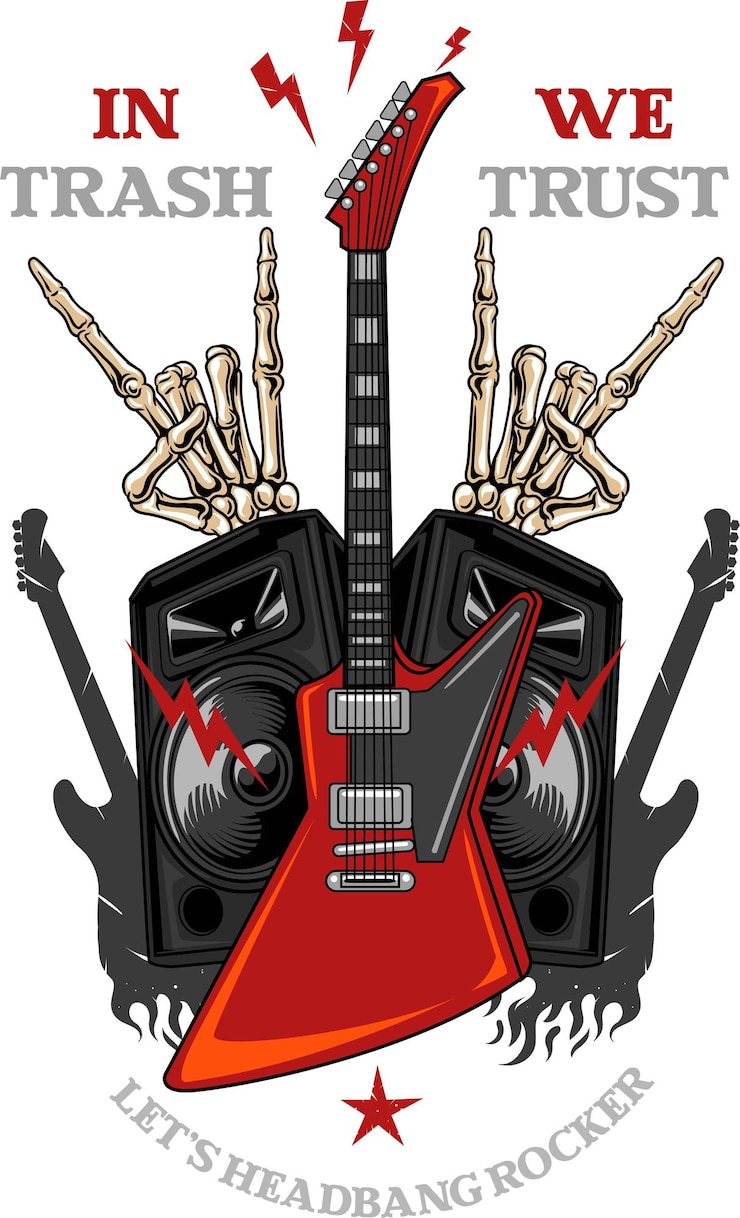 Vecteur illustration vectorielle des os de la main de la guitare et des haut-parleurs actifs avec un style de dessin à la main
