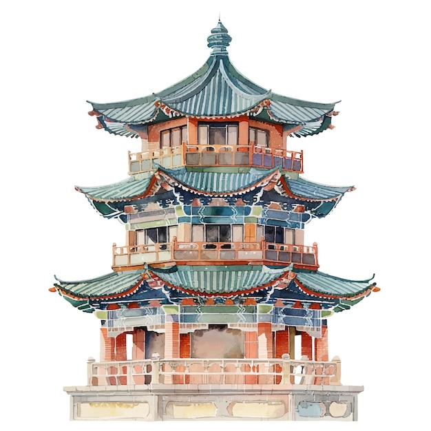 illustration vectorielle de la pagode dans le style aquarelle