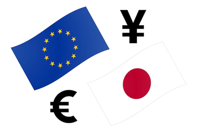 Illustration vectorielle de la paire de devises forex EURJPY. Drapeau de l'UE et du Japon, avec le symbole de l'euro et du yen.