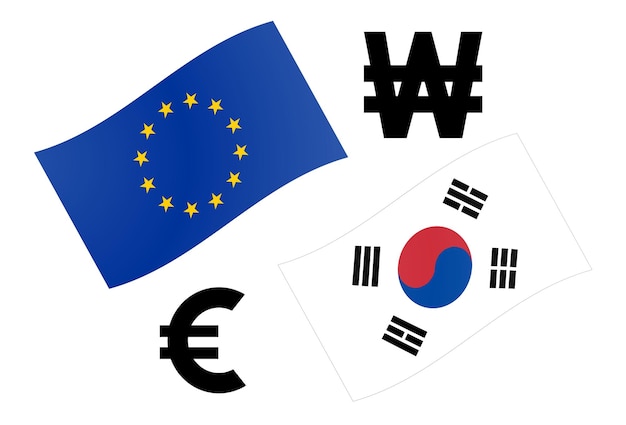 Illustration vectorielle de la paire de devises forex EURKRW. Drapeau de l'UE et de la Corée du Sud, avec le symbole Euro et Won.