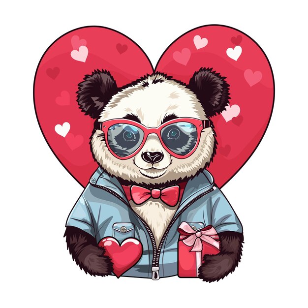 Vecteur illustration vectorielle avec un panda mignon avec des lunettes tenant un cœur et un cadeau peut être utilisé pour un