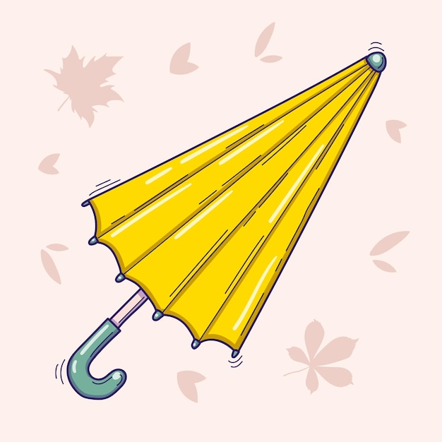 Illustration Vectorielle D'un Parapluie Plié Jaune En Style Doodle Isolé Sur Un Fond Clair Avec Des Feuilles D'automne