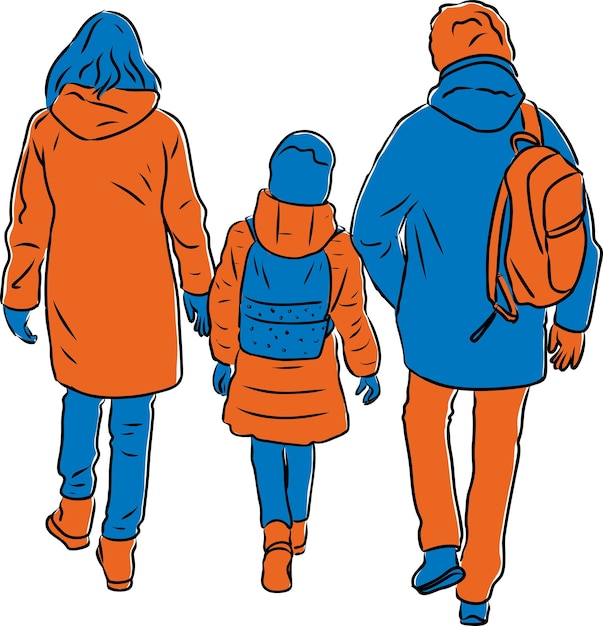 Illustration Vectorielle De Parents Avec Leur Fille Marchant Ensemble à L'extérieur