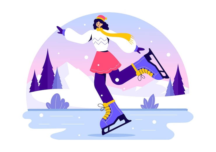 Vecteur illustration vectorielle de patinage sur glace d'activités sportives en plein air d'hiver sur une patinoire avec des vêtements de saison sur un fond de dessin animé de style plat