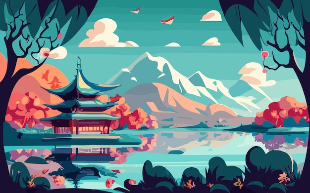 Vecteur illustration vectorielle de paysage chinois cartoon pavillon ou maison de temple traditionnel asiatique avec orie