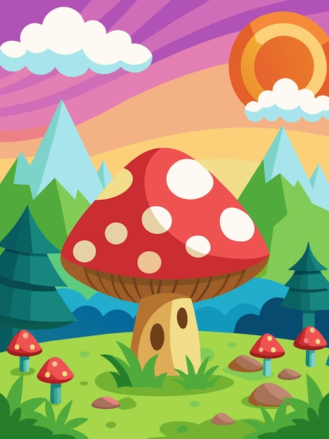Vecteur illustration vectorielle d'un paysage fantastique coloré avec des champignons géants