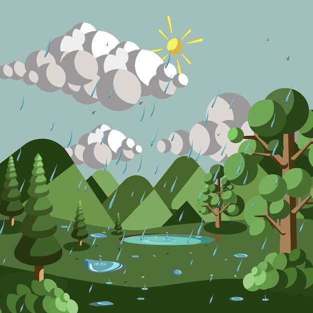 Vecteur illustration vectorielle de paysage forestier nature saison des pluies