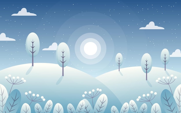 illustration vectorielle de paysage d'hiver avec arbres et lune la nuit