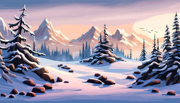 Vecteur illustration vectorielle paysage de montagne d'hiver avec des pins et des montagnes illustration vectorisée