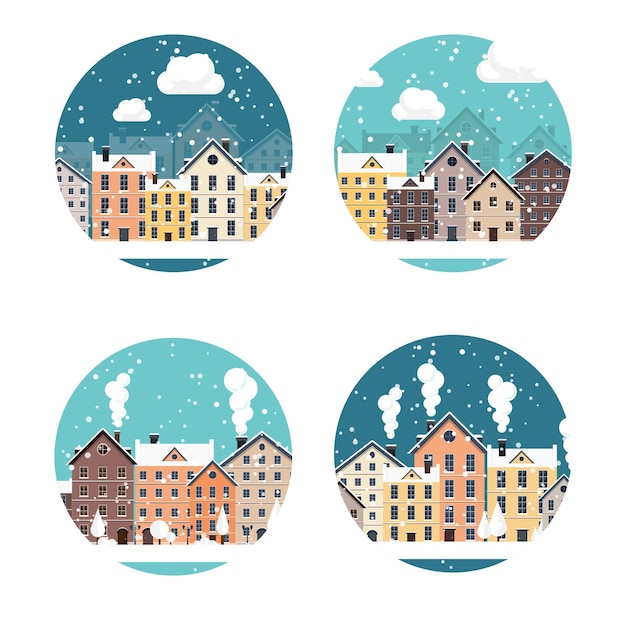 Vecteur illustration vectorielle paysage urbain d'hiver ville avec neige noël et nouvelle année paysage urbain avec