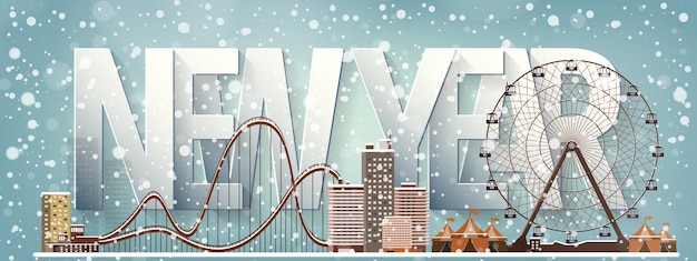 Vecteur illustration vectorielle paysage urbain d'hiver ville avec la neige noël et la nouvelle année paysage de la ville bâtiments