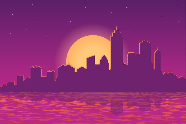 Illustration vectorielle des paysages de la ville au coucher du soleil le soir