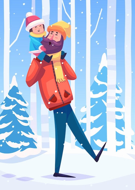 Vecteur illustration vectorielle d'un père et sa fille ou son fils marchant dans la forêt. fond de paysage de neige. illustration vectorielle plane.