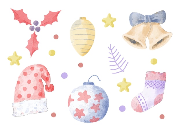 Illustration Vectorielle Personnage Et Objet Aquarelle De Noël Avec Une Variété De Types Et De Couleurs. élément De Découpe Joyeux Noël Cartes De Vacances, Invitations Et Décoration De Célébration De Site Web.